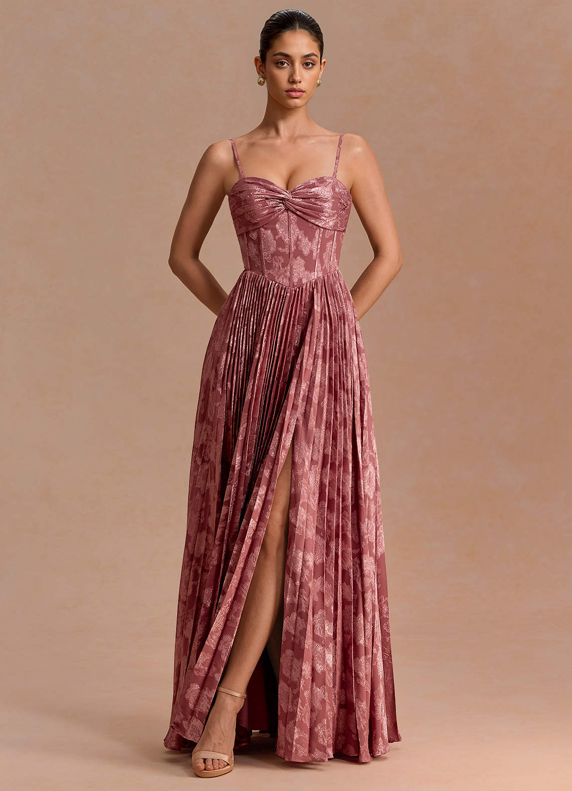 Delfina A-Line Twisted-Bust Fil Coupé Evening Dress in Vintage Rose