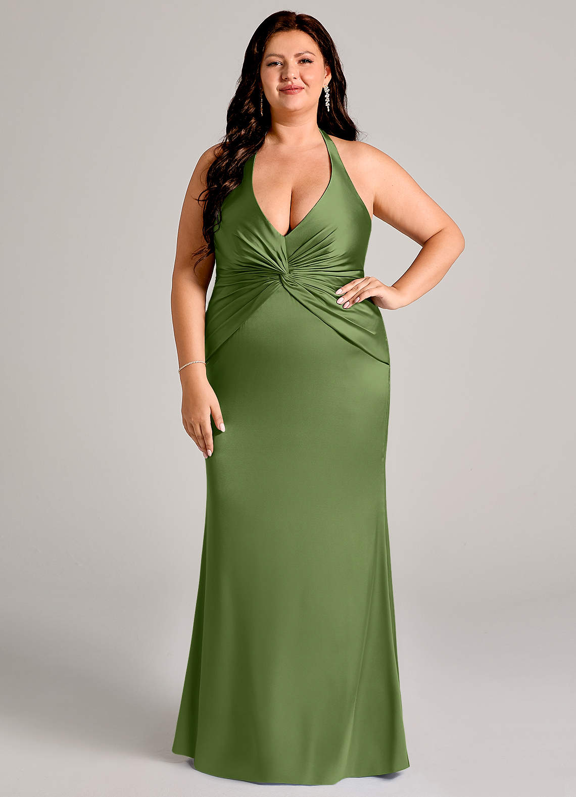 Valerie Mermaid V-Neck Stretch Satin Bridesmaid Dress in Juniper