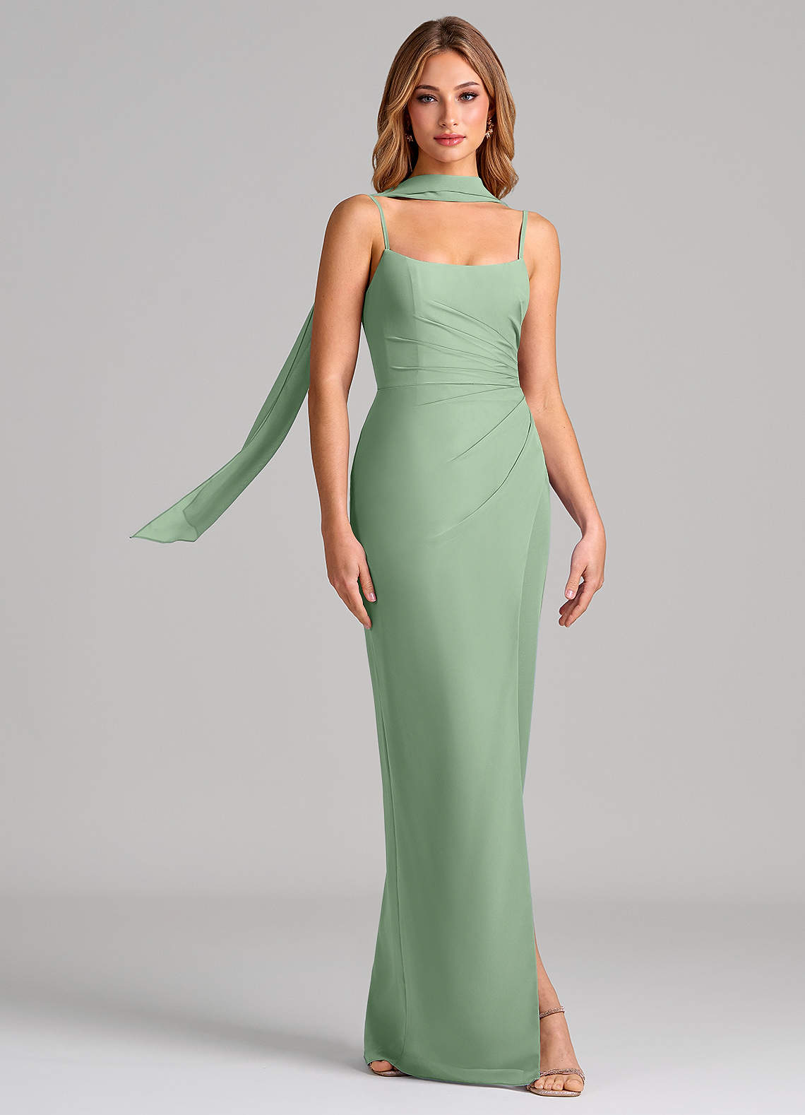 Calandra Sheath Scoop-Neck Chiffon Bridesmaid Dress in Matcha