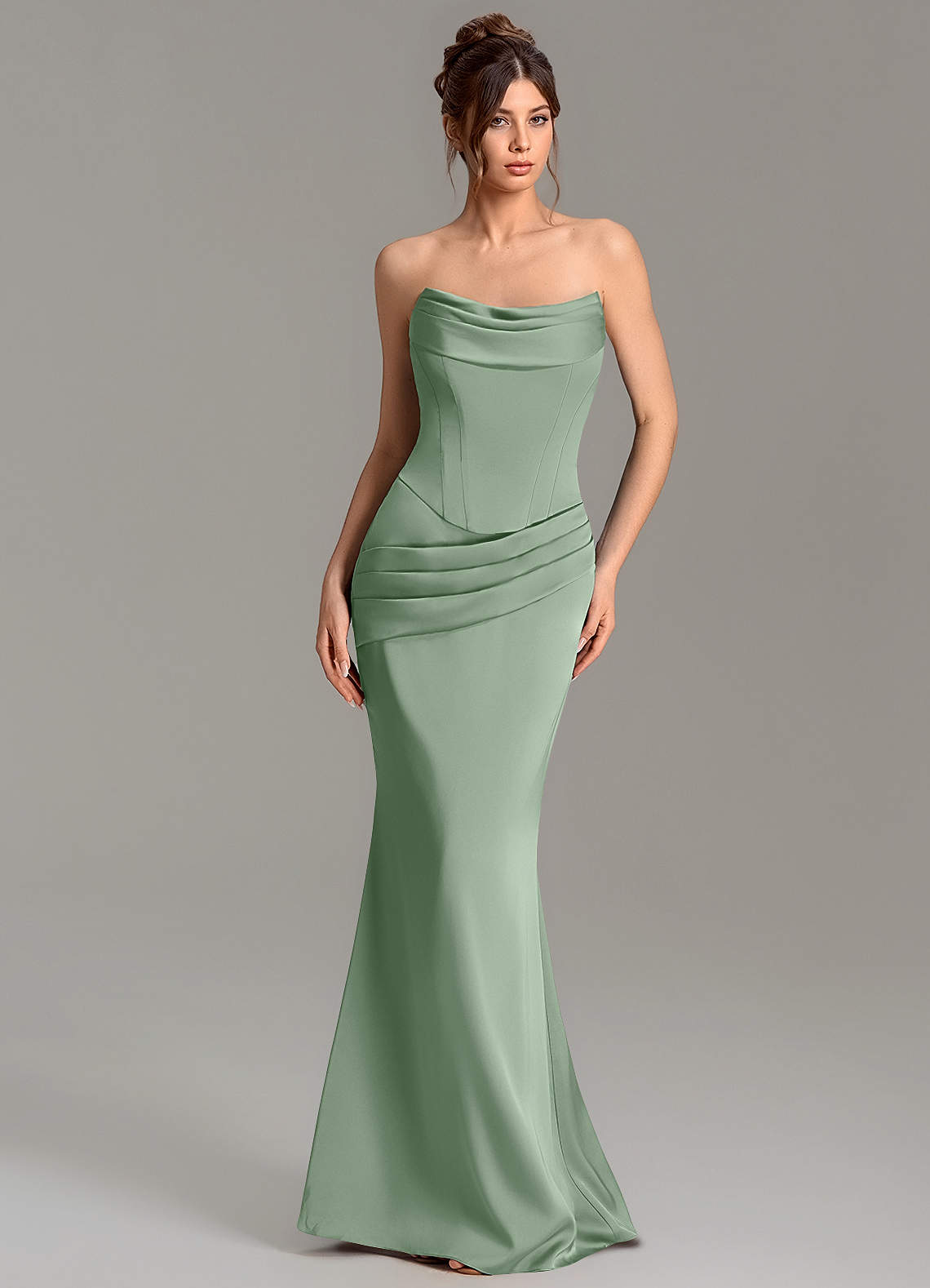 Adrienne Mermaid Cowl-Neck Stretch Satin Bridesmaid Dress in Matcha