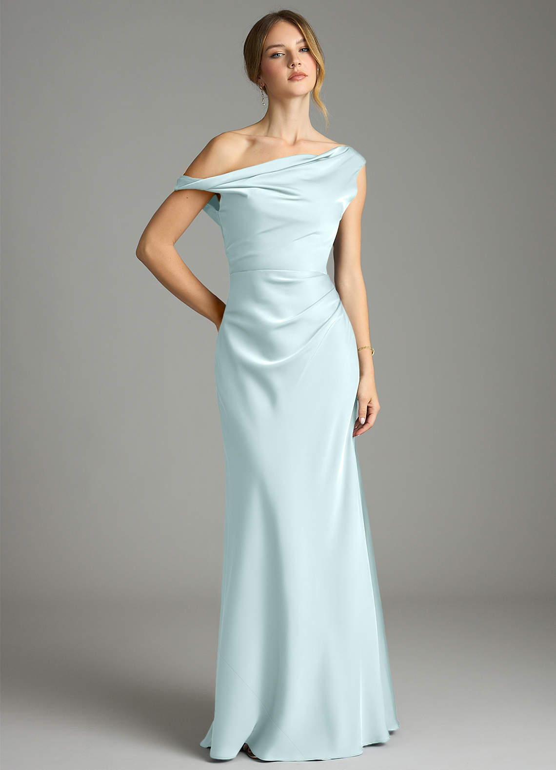Emerson Mermaid One-Shoulder Stretch Satin Bridesmaid Dress in Sea Glass