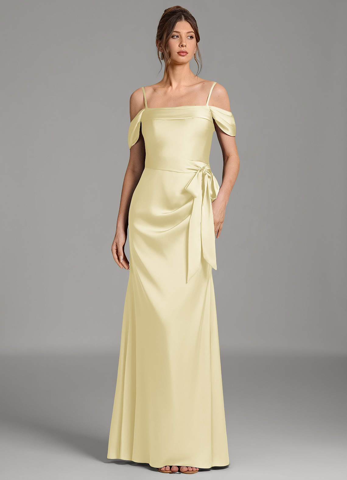 Wyatt Mermaid Off-the-Shoulder Stretch Satin Bridesmaid Dress in Lemon Sorbet
