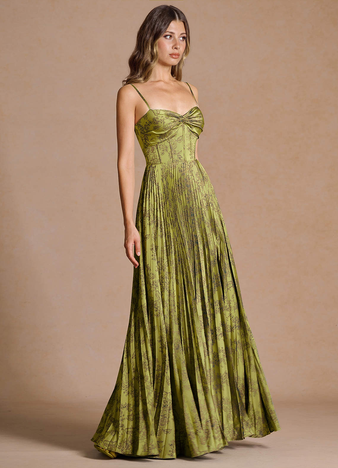 Vesper Pleated Knot-Neck Jacquard Wedding Guest Dress in Moss Brown