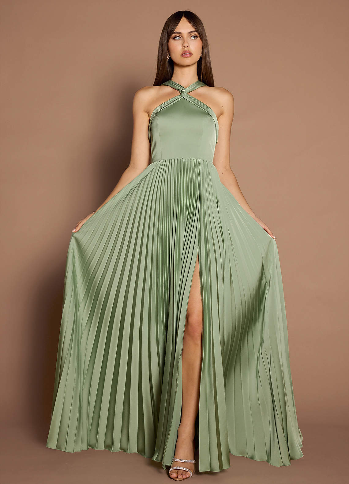 Afra A-Line Pleated Stretch Satin Wedding Guest Dress in Haze Pink