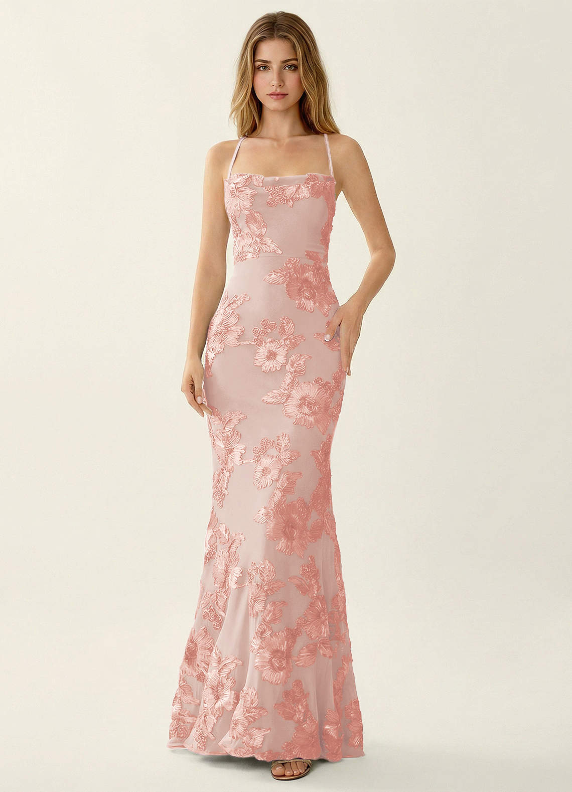 Kailani Mermaid Spaghetti-Strap Lace Evening Dress in Pale Purple
