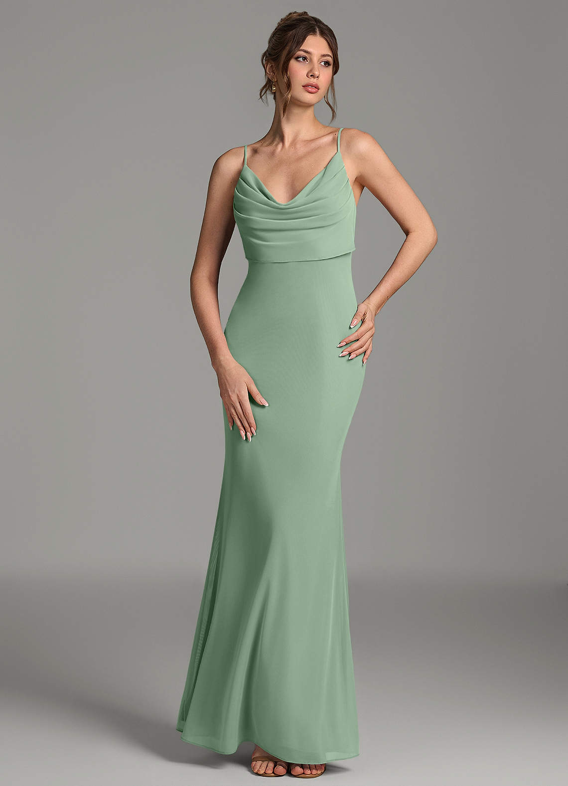 Zari Mermaid Cowl-Neck Mesh Bridesmaid Dress in Matcha