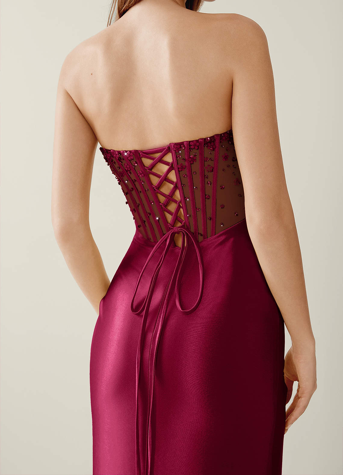 Willa Mermaid Strapless Sequined Satin Evening Dress in Burgundy