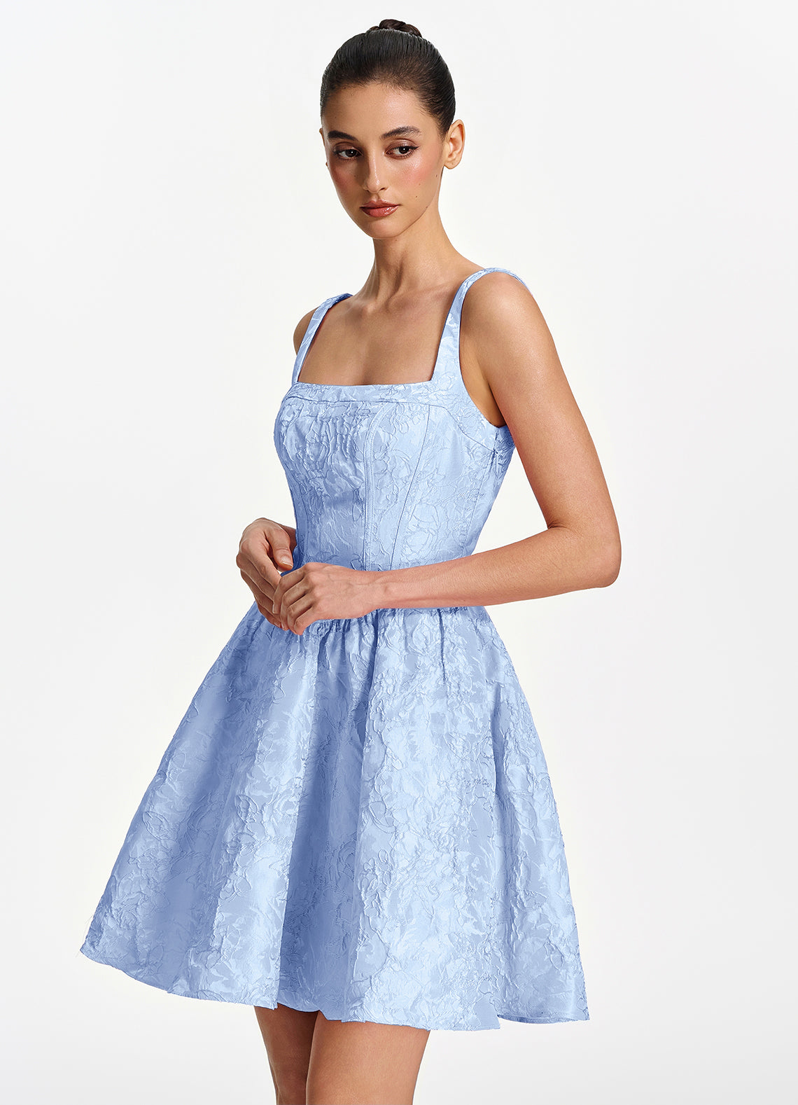 Lionelle Skater Mini Square-Neck Jacquard Prom Dress in Sky Blue - photo 4