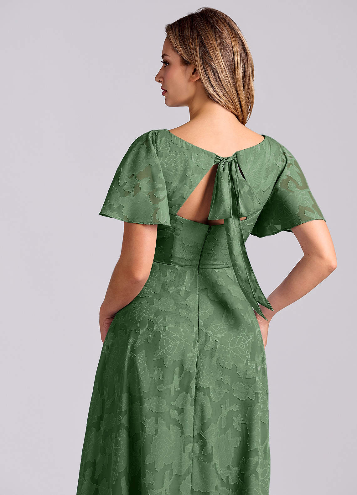 Kimber A-Line V-Neck Floral Burnout Bridesmaid Dress in Eucalyptus