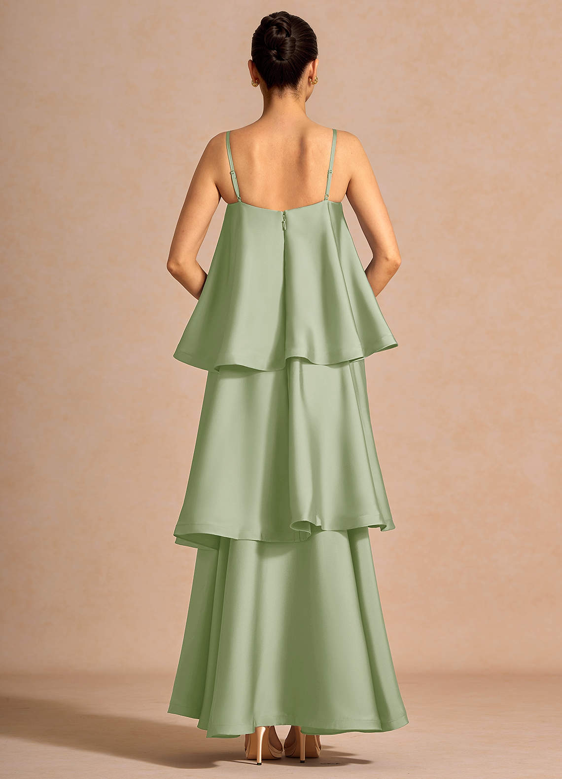 Itasca A-Line Tiered Stretch Satin Wedding Guest Dress in Light Green