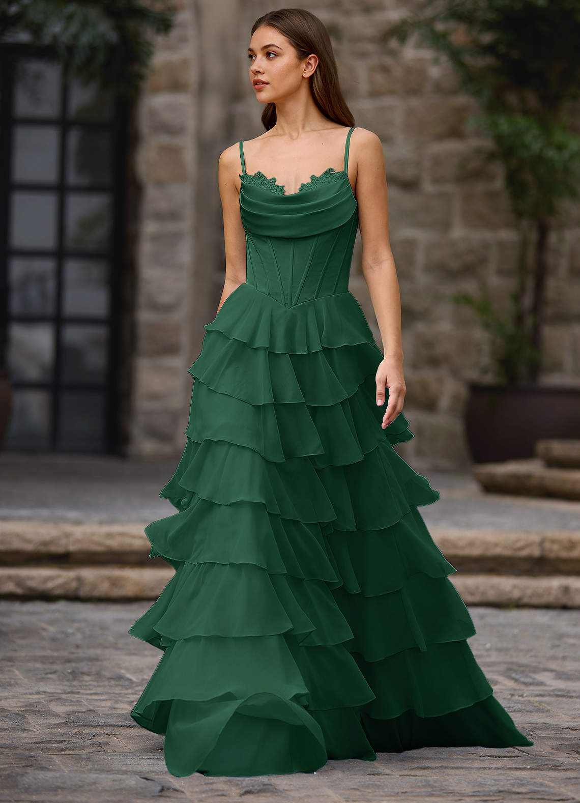 Floralace A-Line Ruffle Chiffon Evening Dress in Emerald Green