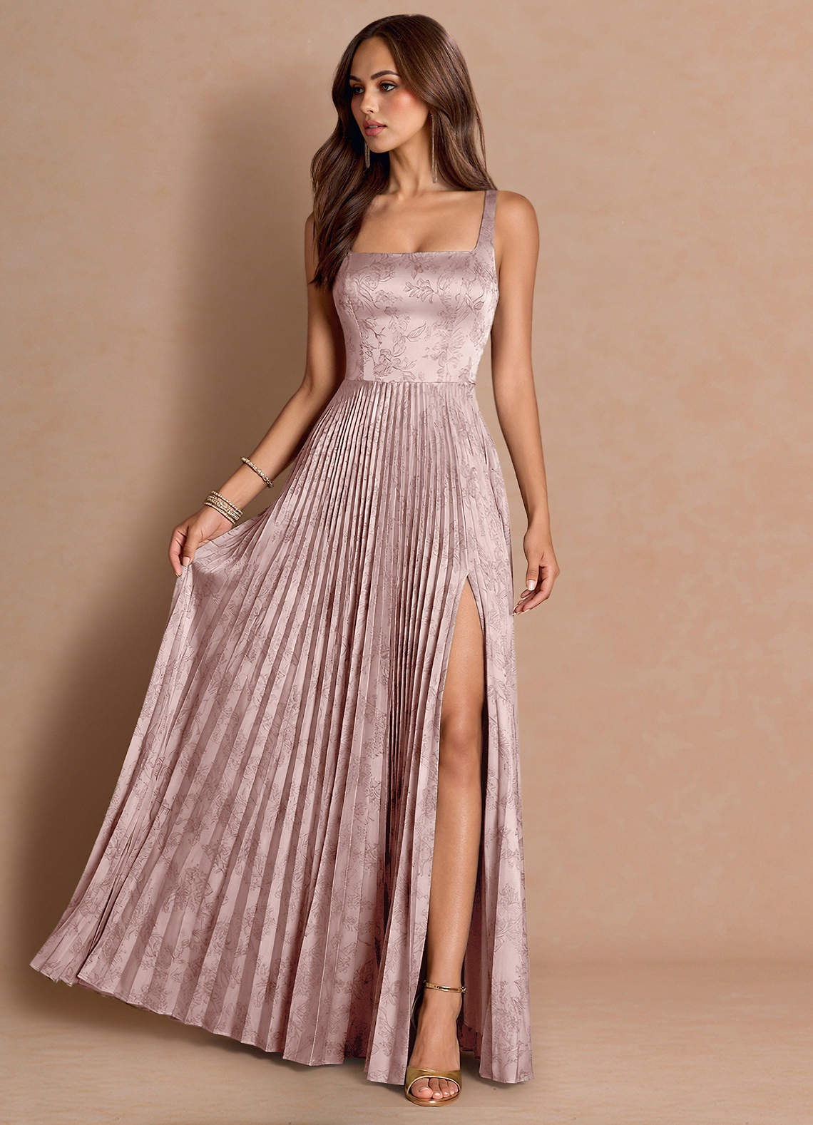 Tatiana A-Line Square-Neck Jacquard Wedding Guest Dress in Pink