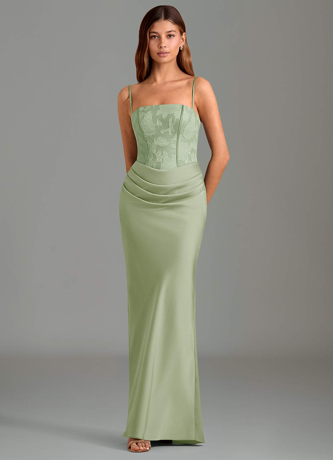 Emilia Mermaid Strapless Stretch Satin and Floral Burnout Bridesmaid Dress in Dusty Sage
