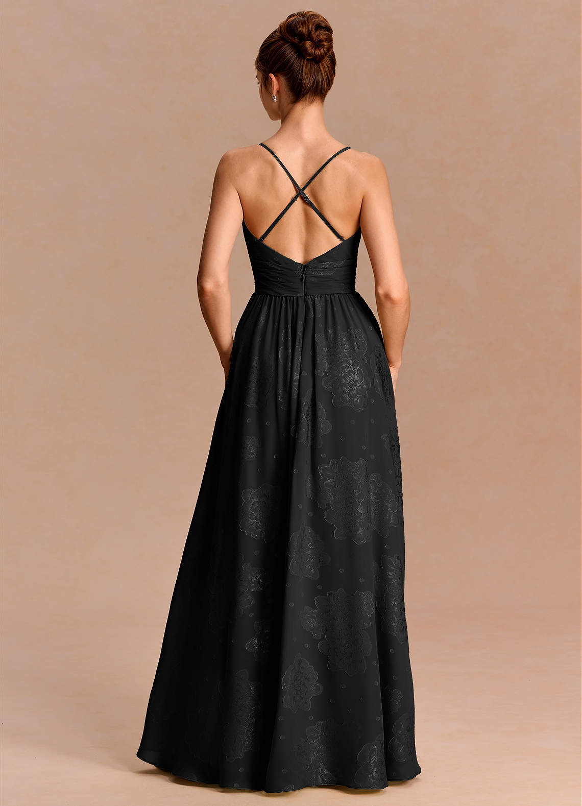 Anaëlle A-Line V-Neck Chiffon Burnout Evening Dress in black