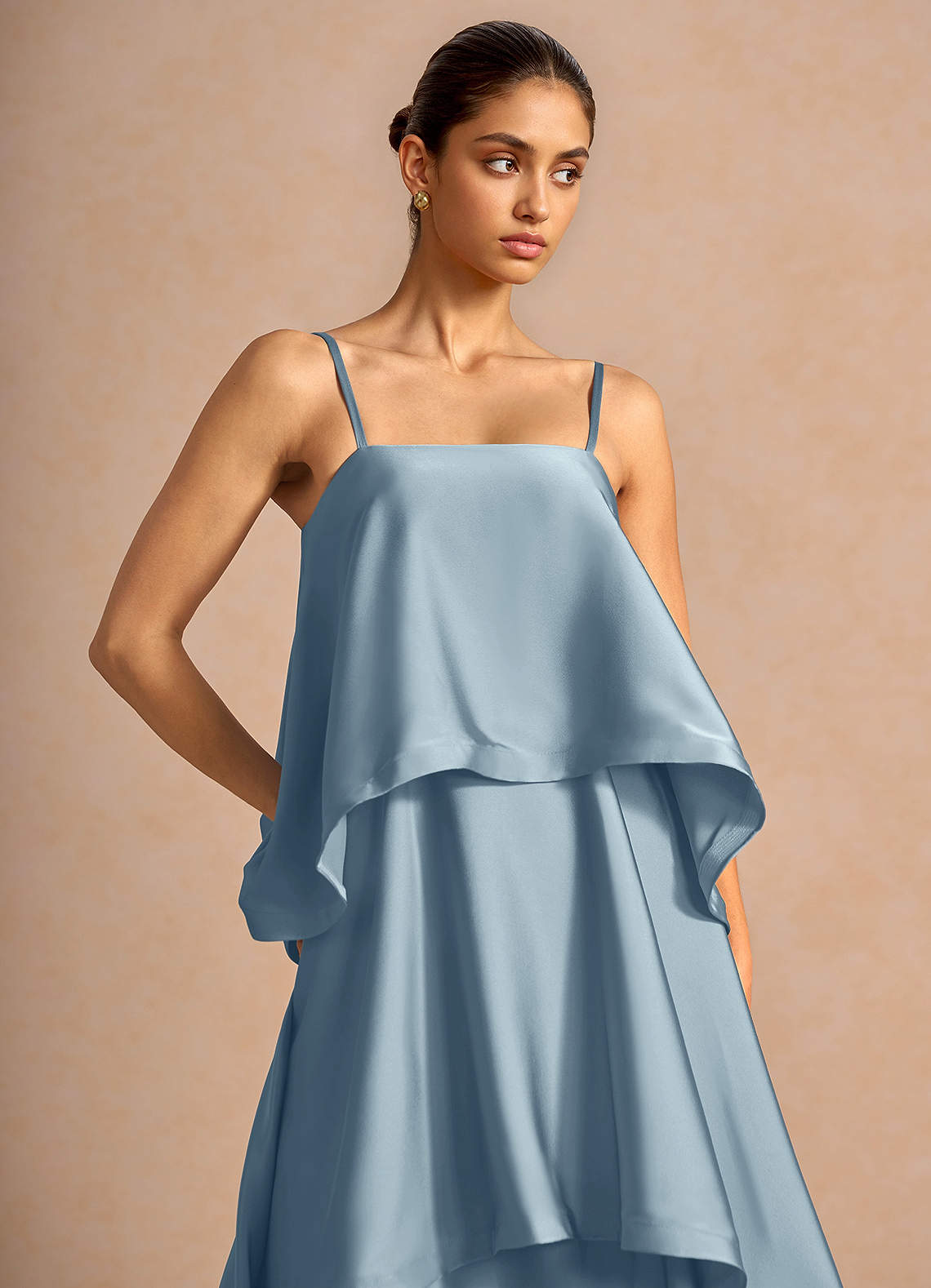 Itasca A-Line Tiered Stretch Satin Wedding Guest Dress in Powder Blue
