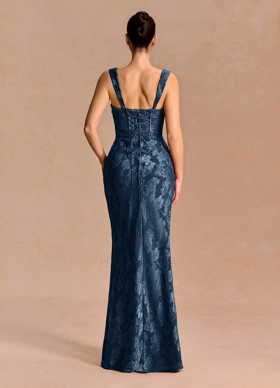 Agustina Square-Neck Pleated Fil Coupé Evening Dress in Navy