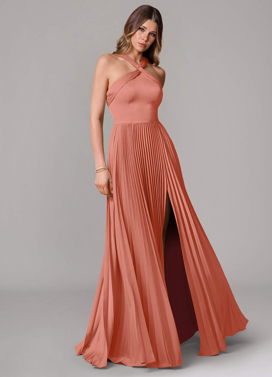 Afra A-Line Halter-Neck Stretch Satin Bridesmaid Dress in Salmon Pink