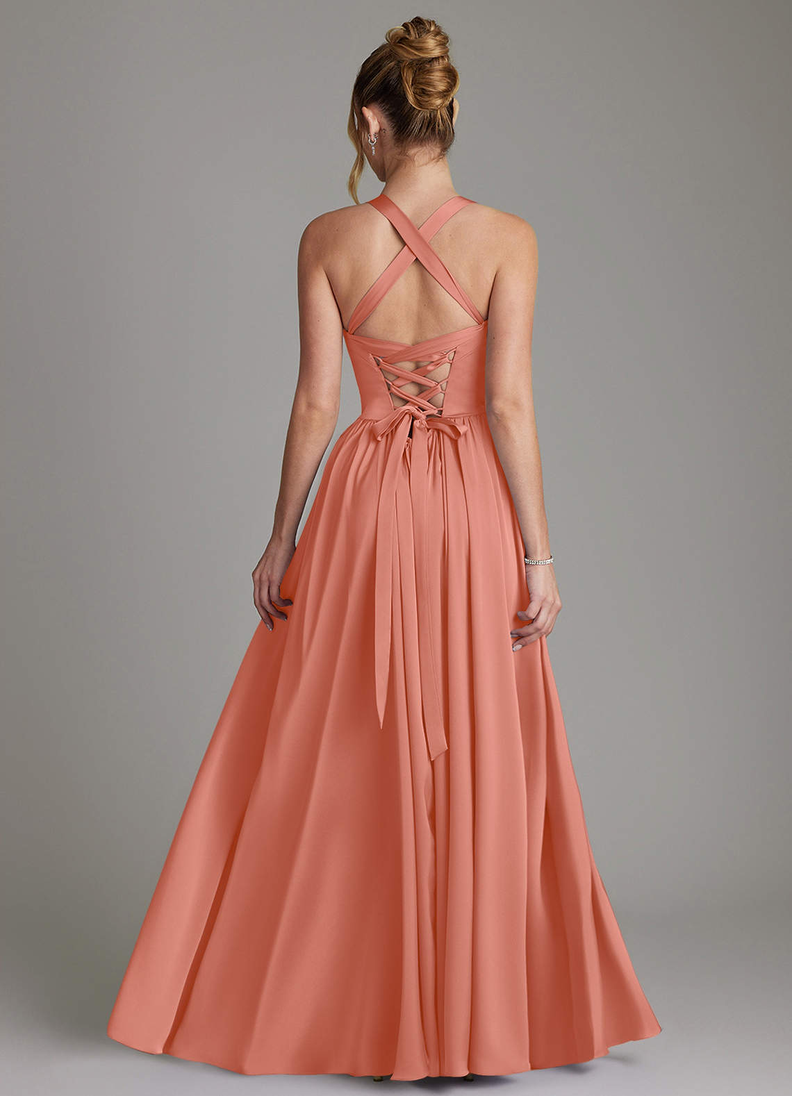 Francis A-Line V-Neck Stretch Satin Bridesmaid Dress in Salmon Pink