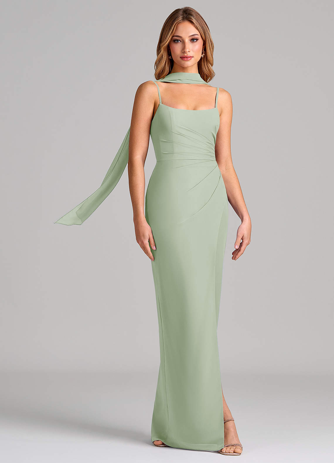 Calandra Sheath Scoop-Neck Chiffon Bridesmaid Dress in Dusty Sage