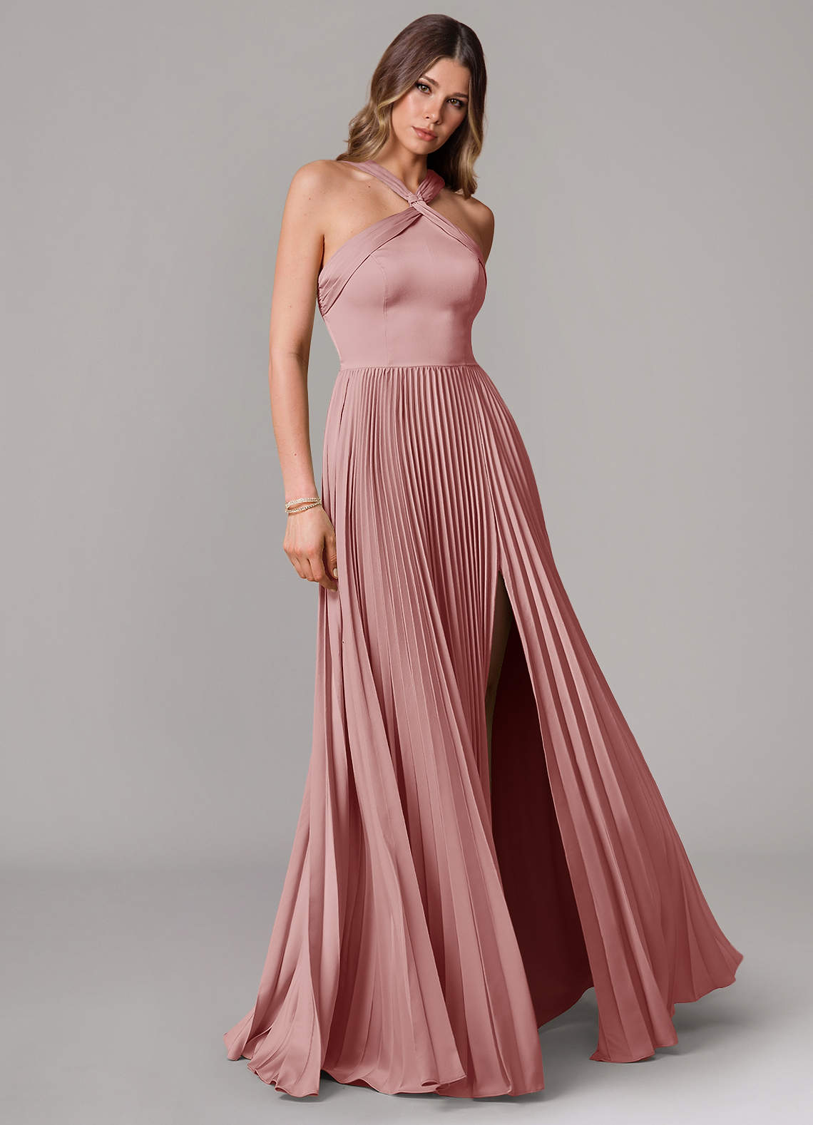Afra A-Line Halter-Neck Stretch Satin Bridesmaid Dress in dusty rose