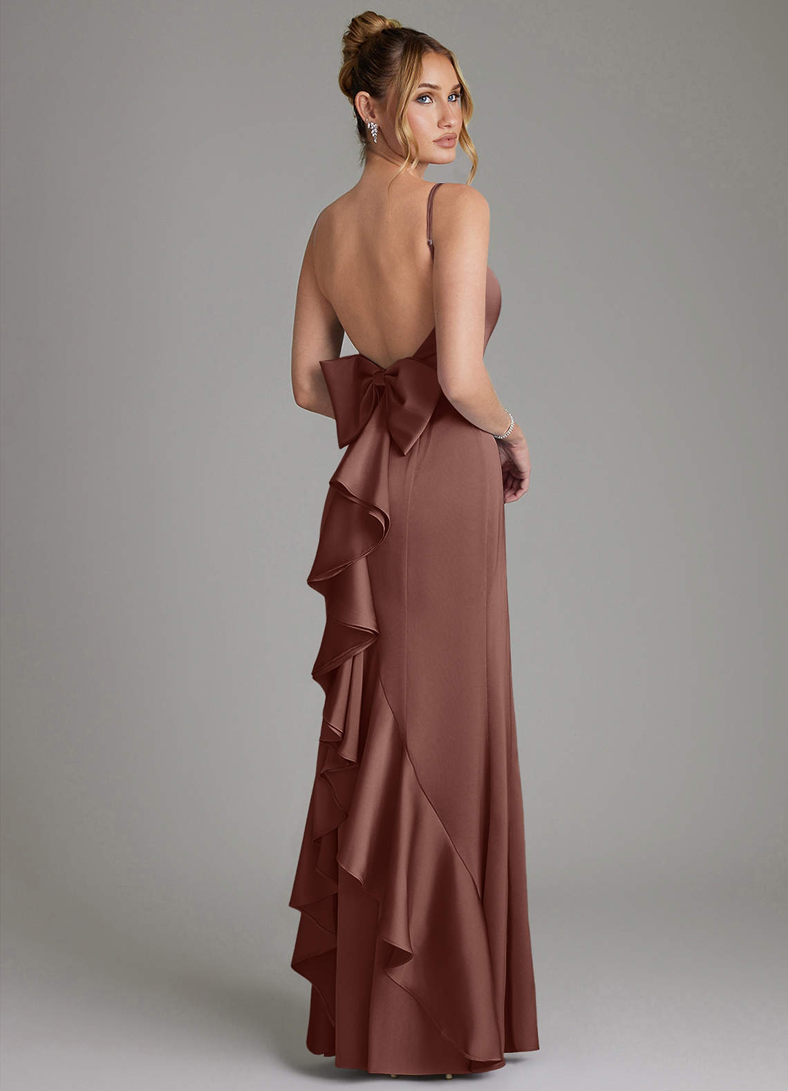 Zherra Mermaid Scoop-Neck Stretch Satin Bridesmaid Dress in Espresso