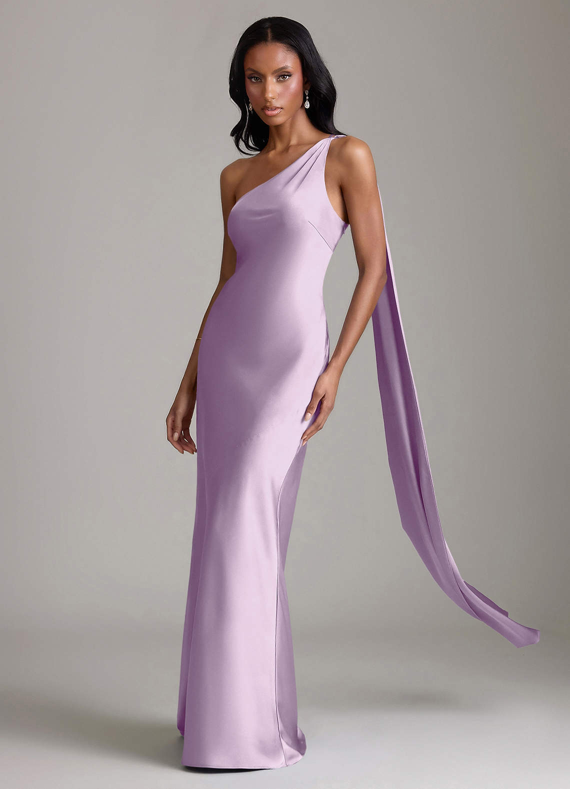 Juniper Mermaid One-Shoulder Stretch Satin Bridesmaid Dress in Frosted Lilac