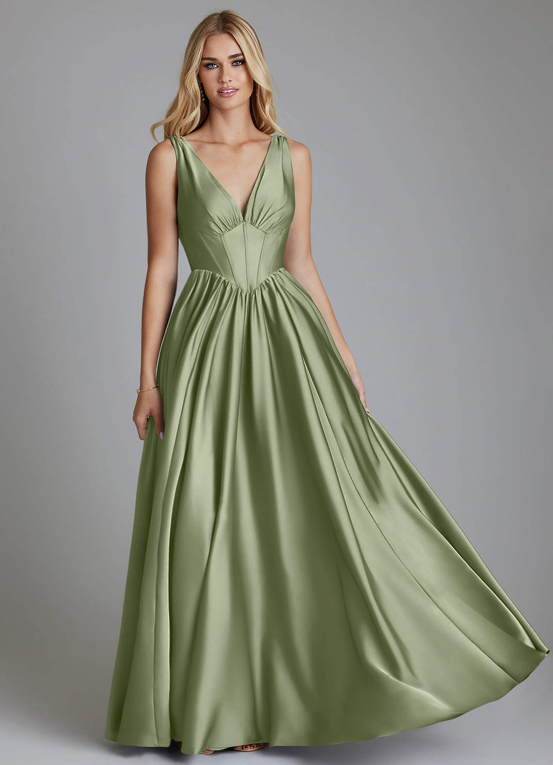 Delmie A-Line V-Neck Stretch Satin Bridesmaid Dress in Pistachio