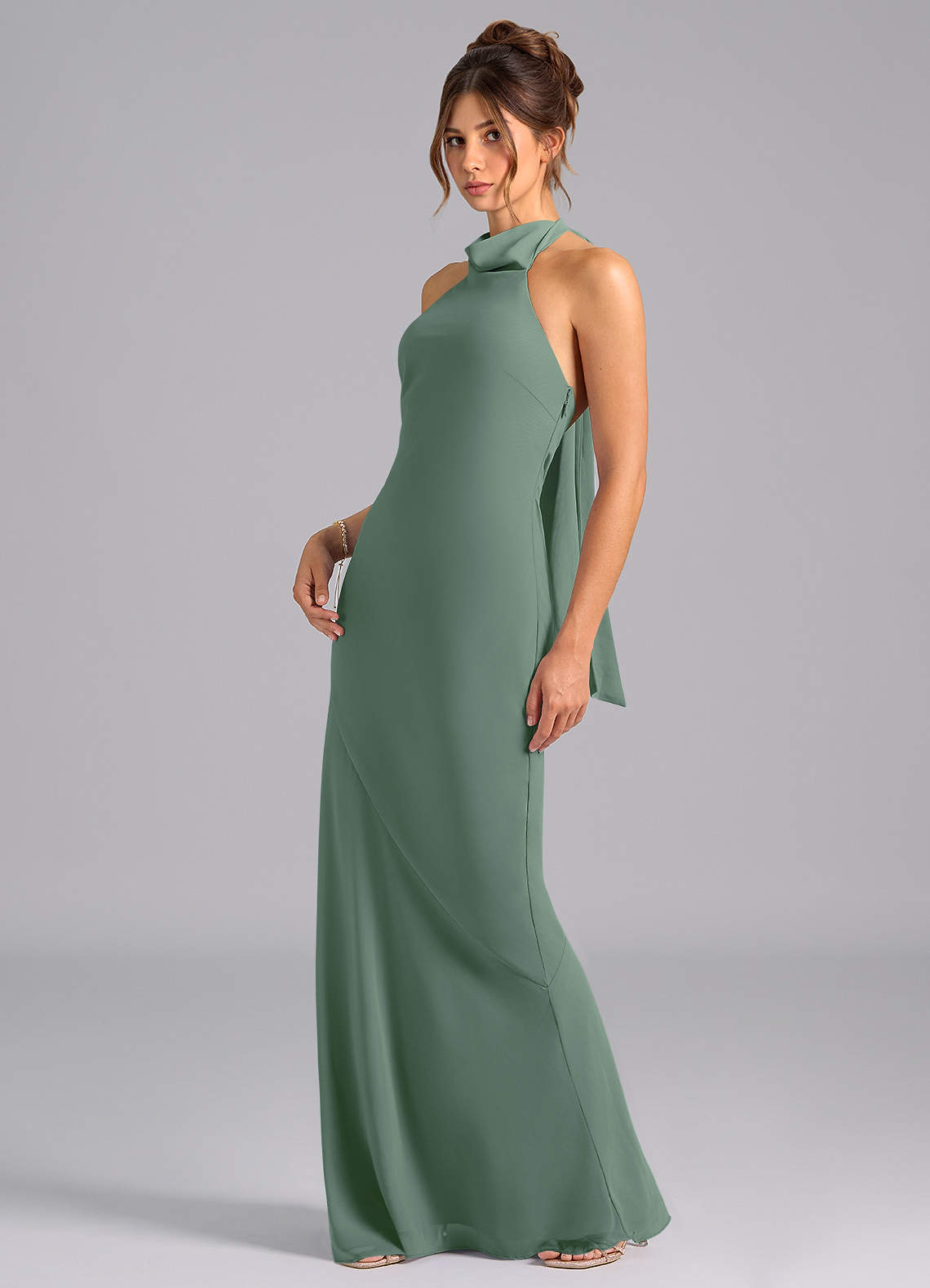 Velli Mermaid Halter Chiffon Bridesmaid Dress in Eucalyptus