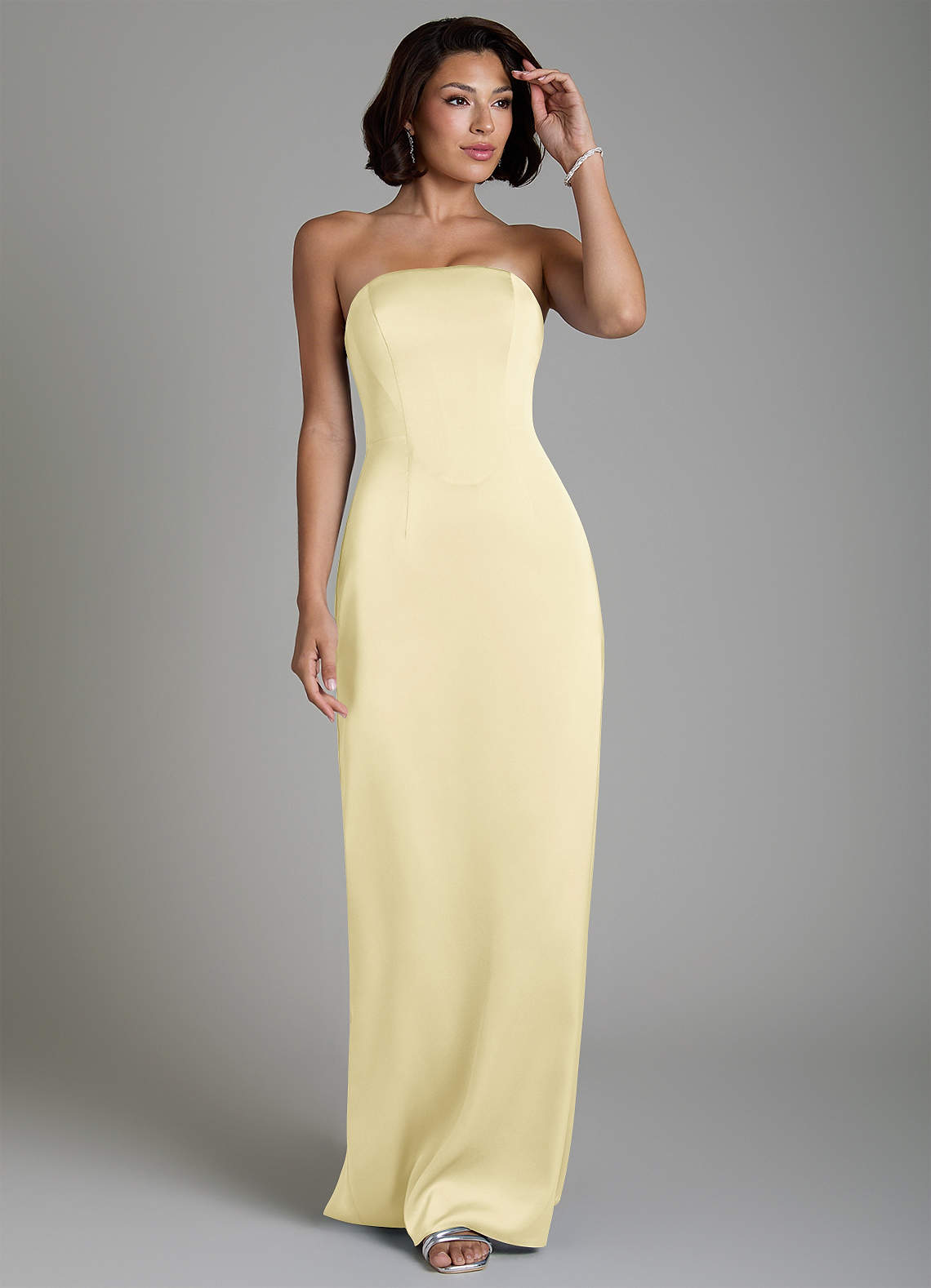 Fallyn Sheath Strapless Stretch Satin Bridesmaid Dress in Lemon Sorbet