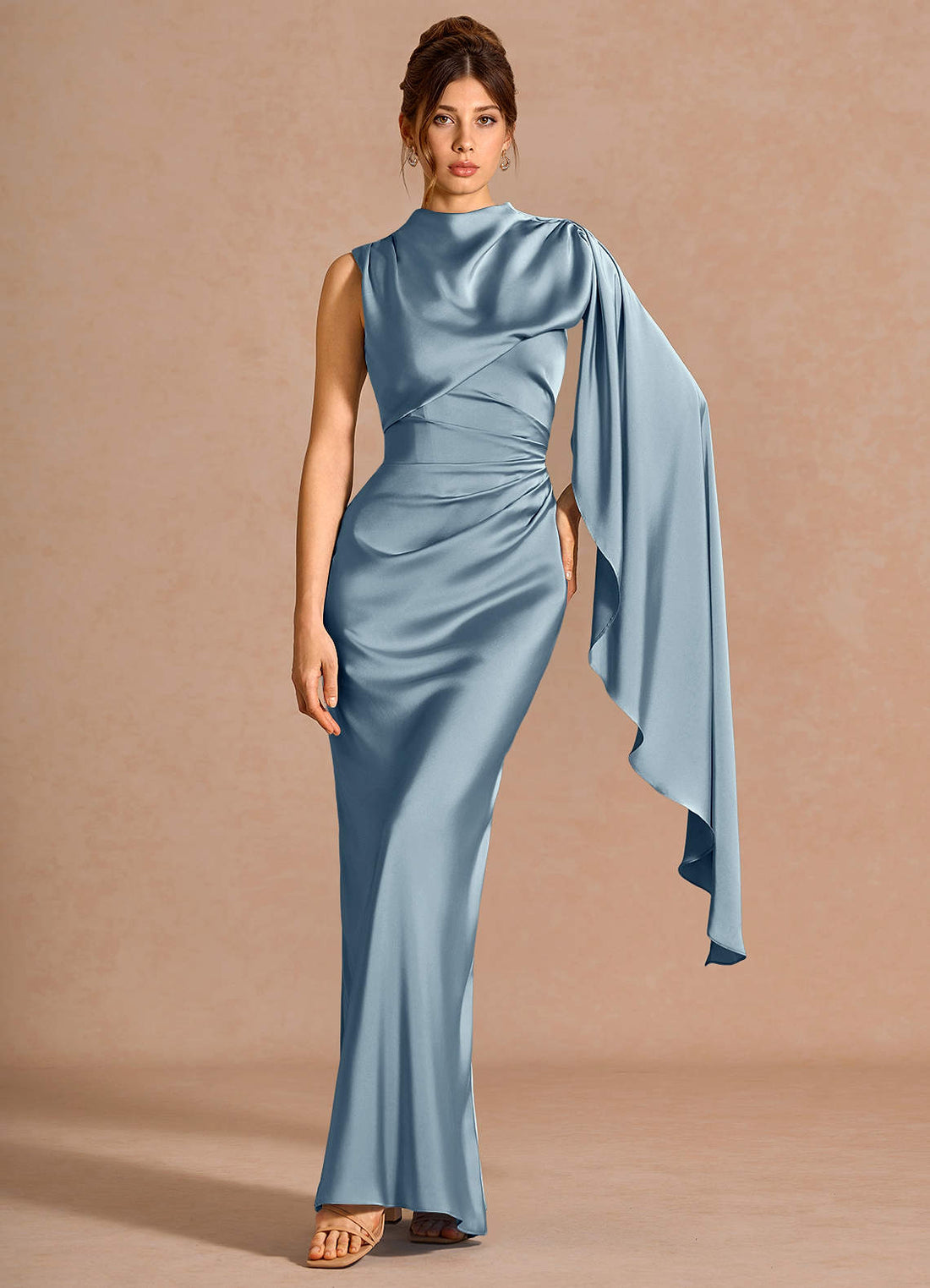 Chesney Cape-Sleeve Pleated Stretch Satin Wedding Guest Dress in Dusty Blue