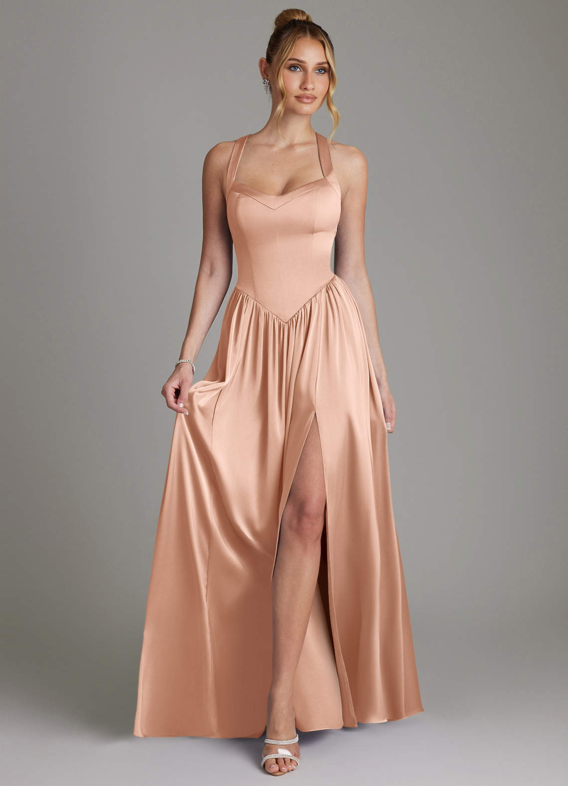 Francis A-Line V-Neck Stretch Satin Bridesmaid Dress in rose gold