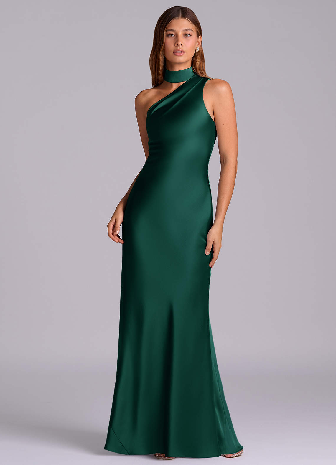 Seona Mermaid One-Shoulder Stretch Satin and Tulle Bridesmaid Dress in Emerald