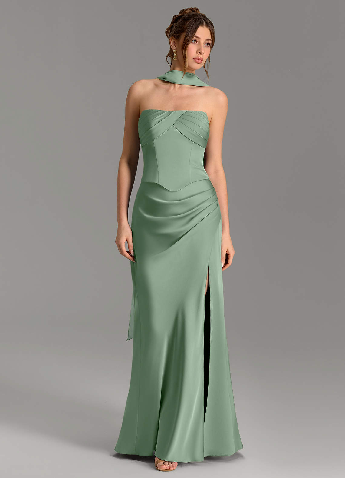 Nicki Sheath Scoop-Neck Stretch Satin Bridesmaid Dress in Matcha