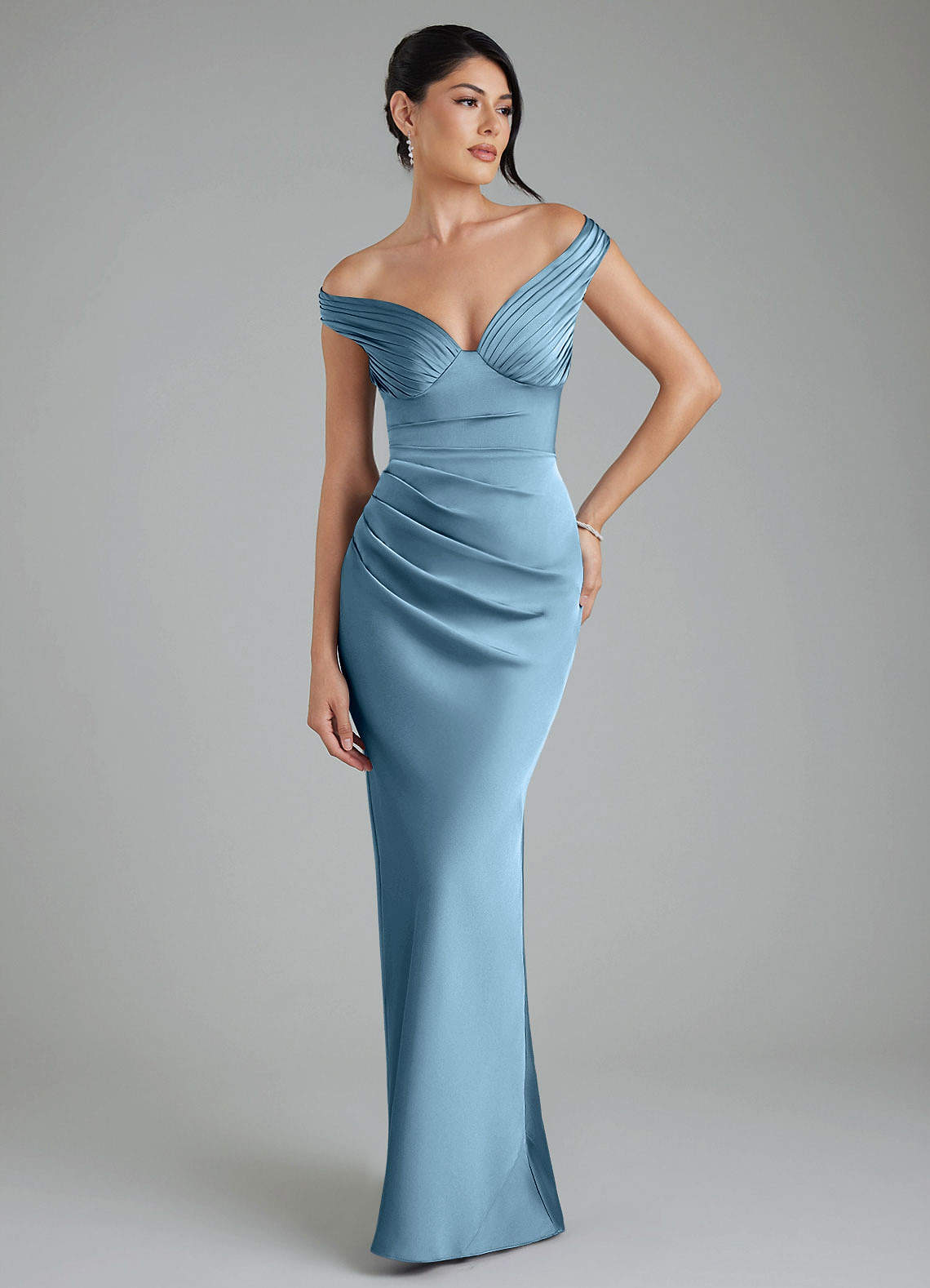 Stella Sheath V-Neck Stretch Satin Bridesmaid Dress in Steel Blue