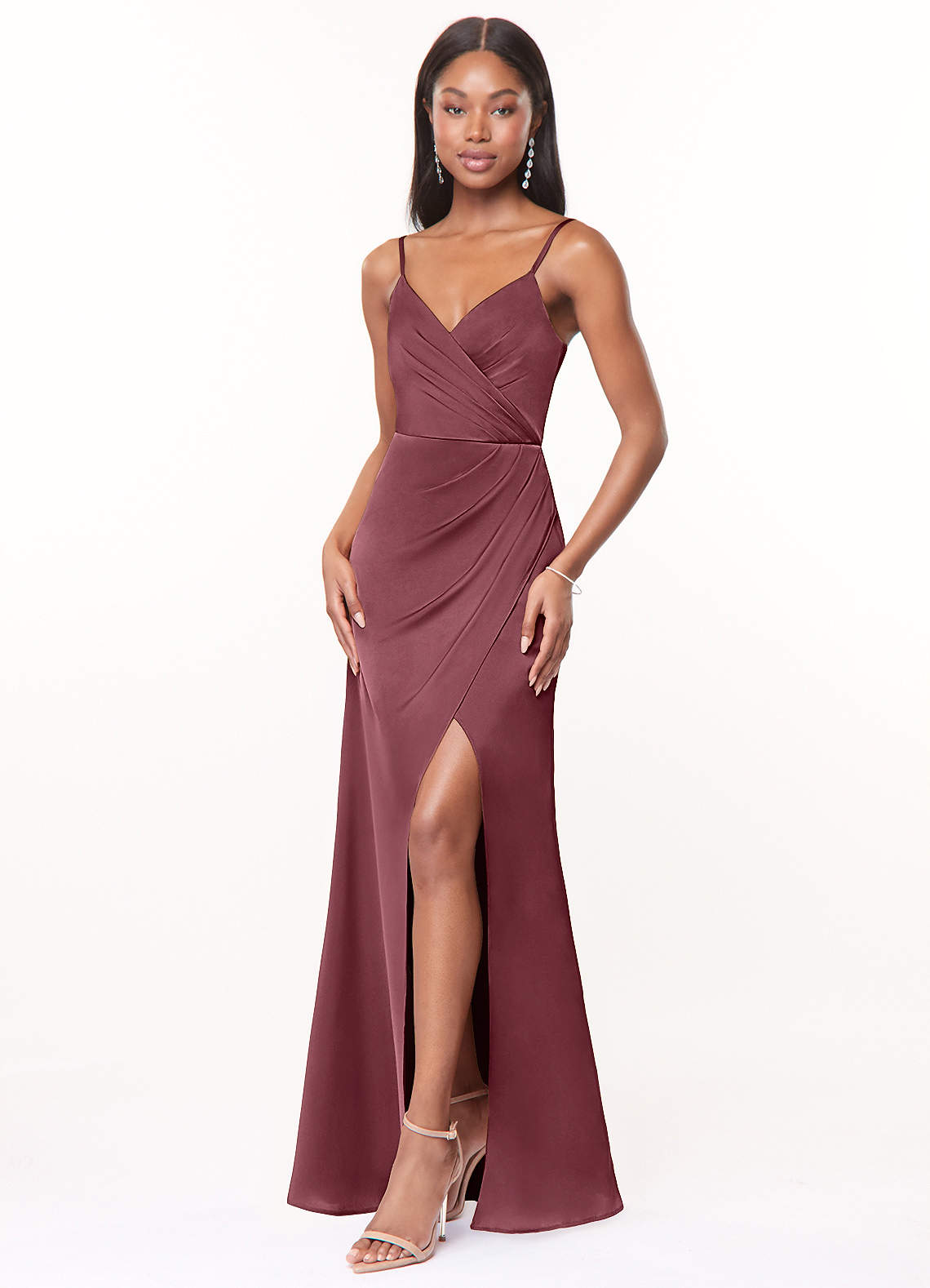 Maci A-Line V-Neck Stretch Satin Bridesmaid Dress in Desert Rose