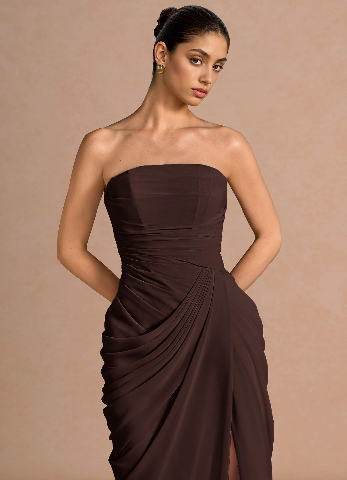 Kaavia Column Pleated Chiffon Maxi Evening Dress in Truffle