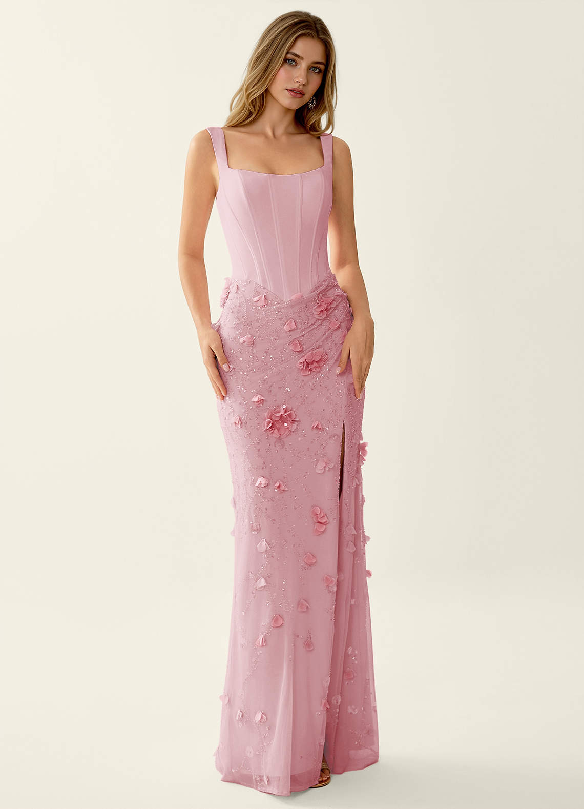 Belinda Mermaid Square-Neck Sequined Tulle Evening Dress in Pink