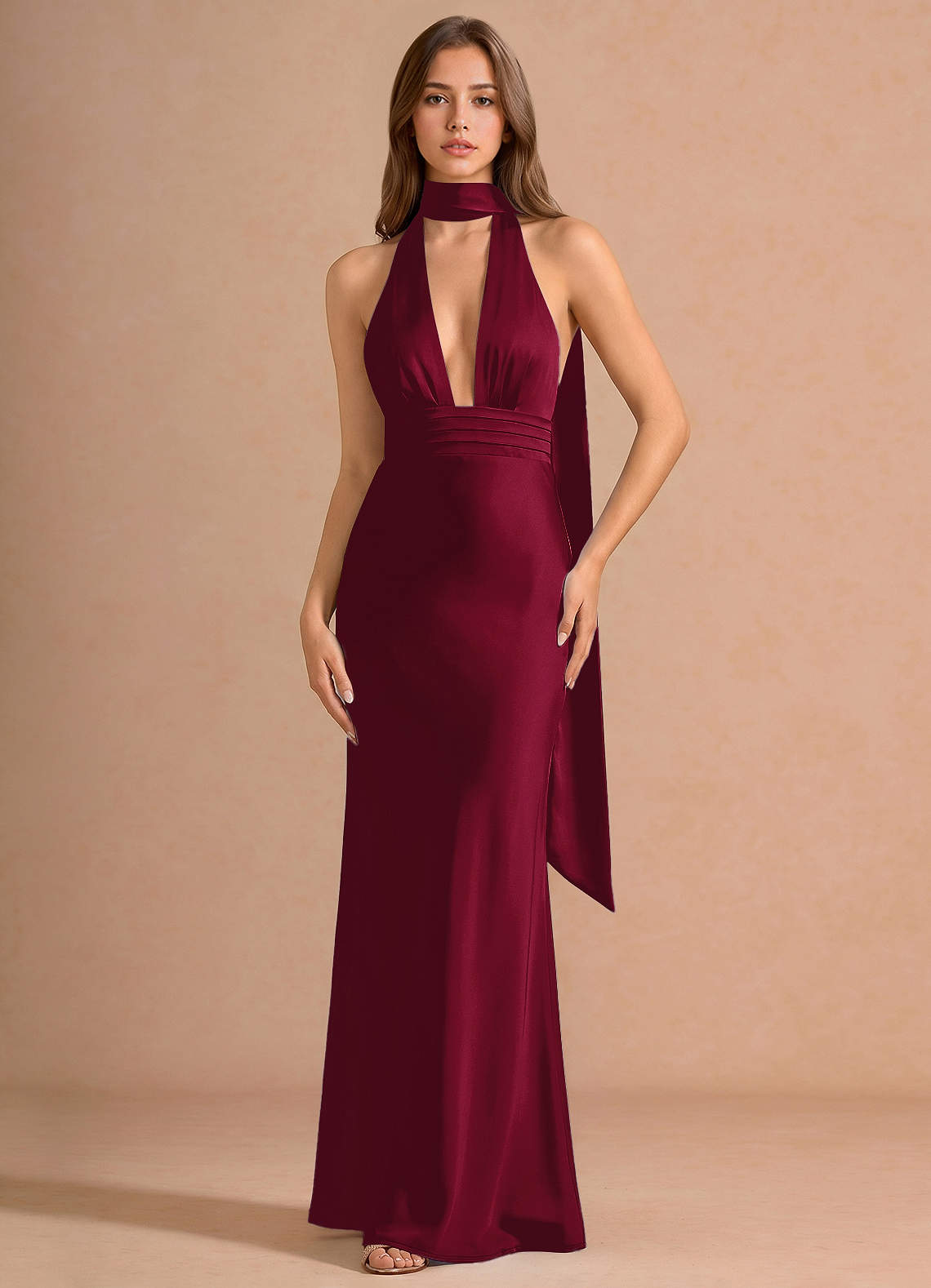 Linnea A-Line V-Neck Stretch Satin Evening Dress in Merlot