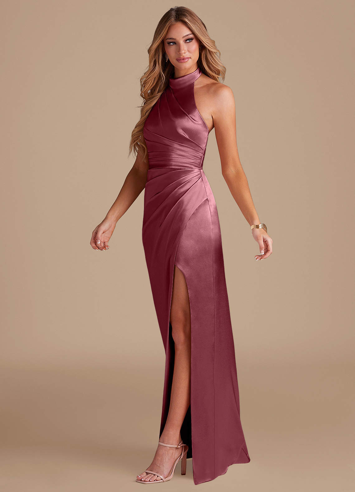 Jemma Sheath High-Neck Metallic Satin Bridesmaid Dress in Desert Rose