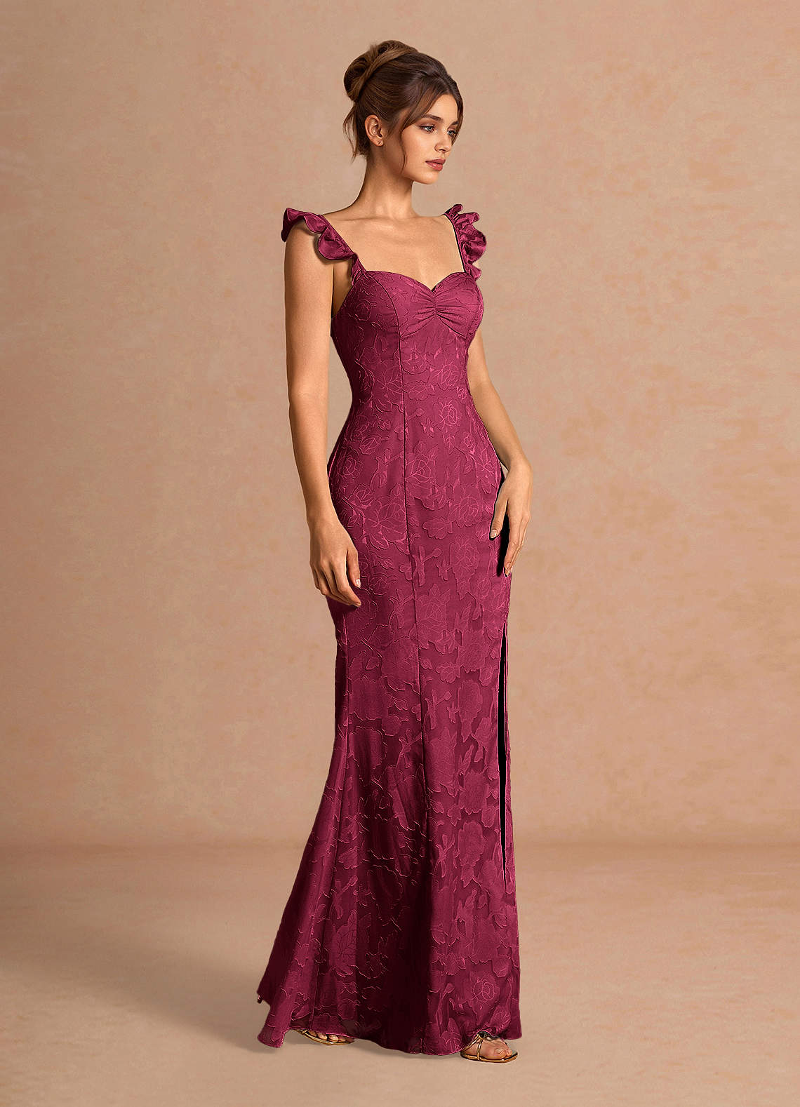 Romilly Mermaid Ruffled Chiffon Burnout Evening Dress in Merlot