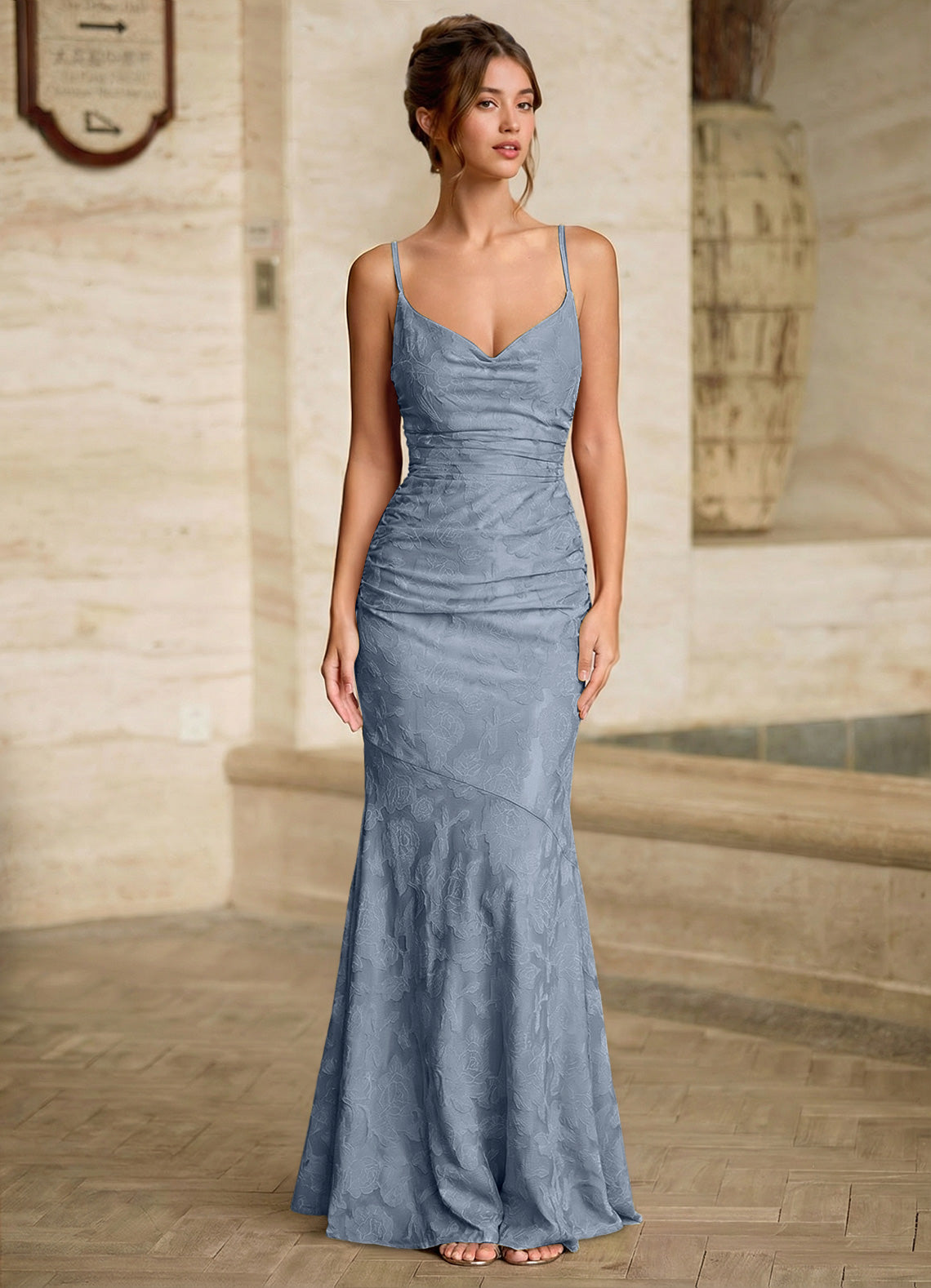 Leahenmo Mermaid Cowl-Neck Floral Burnout Prom Dress in Powder Blue