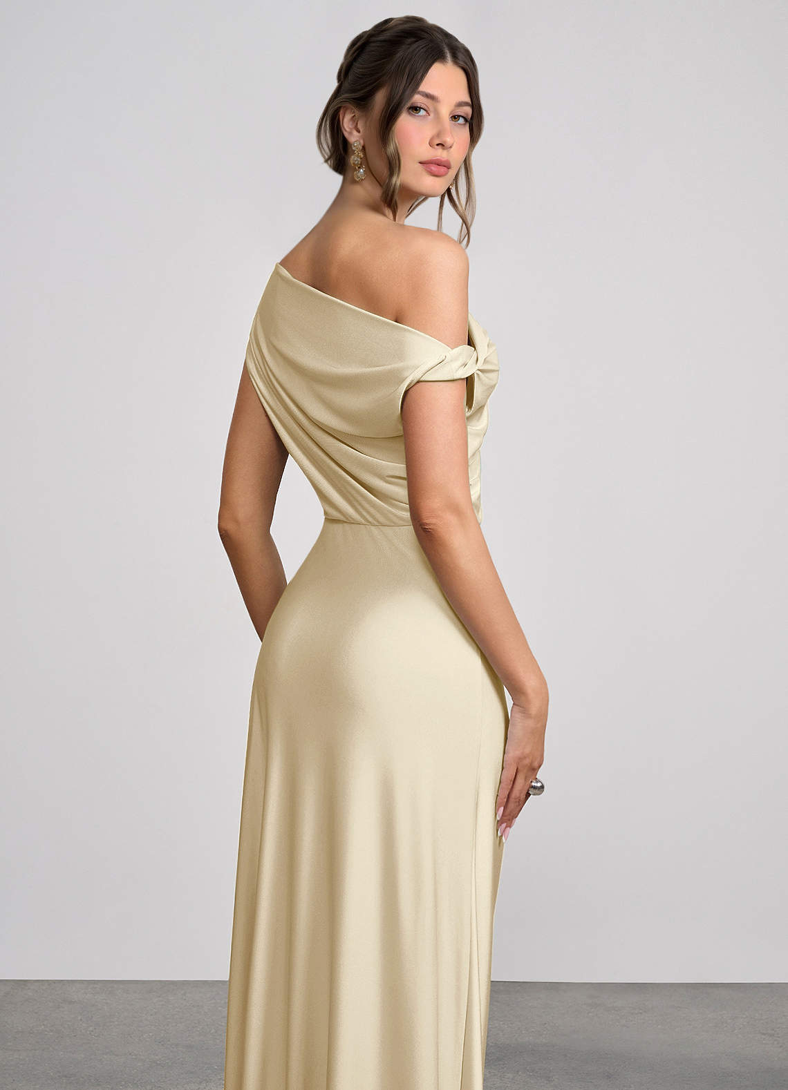 Elowen Mermaid One-Shoulder Glossy Knit Evening Dress in Champagne