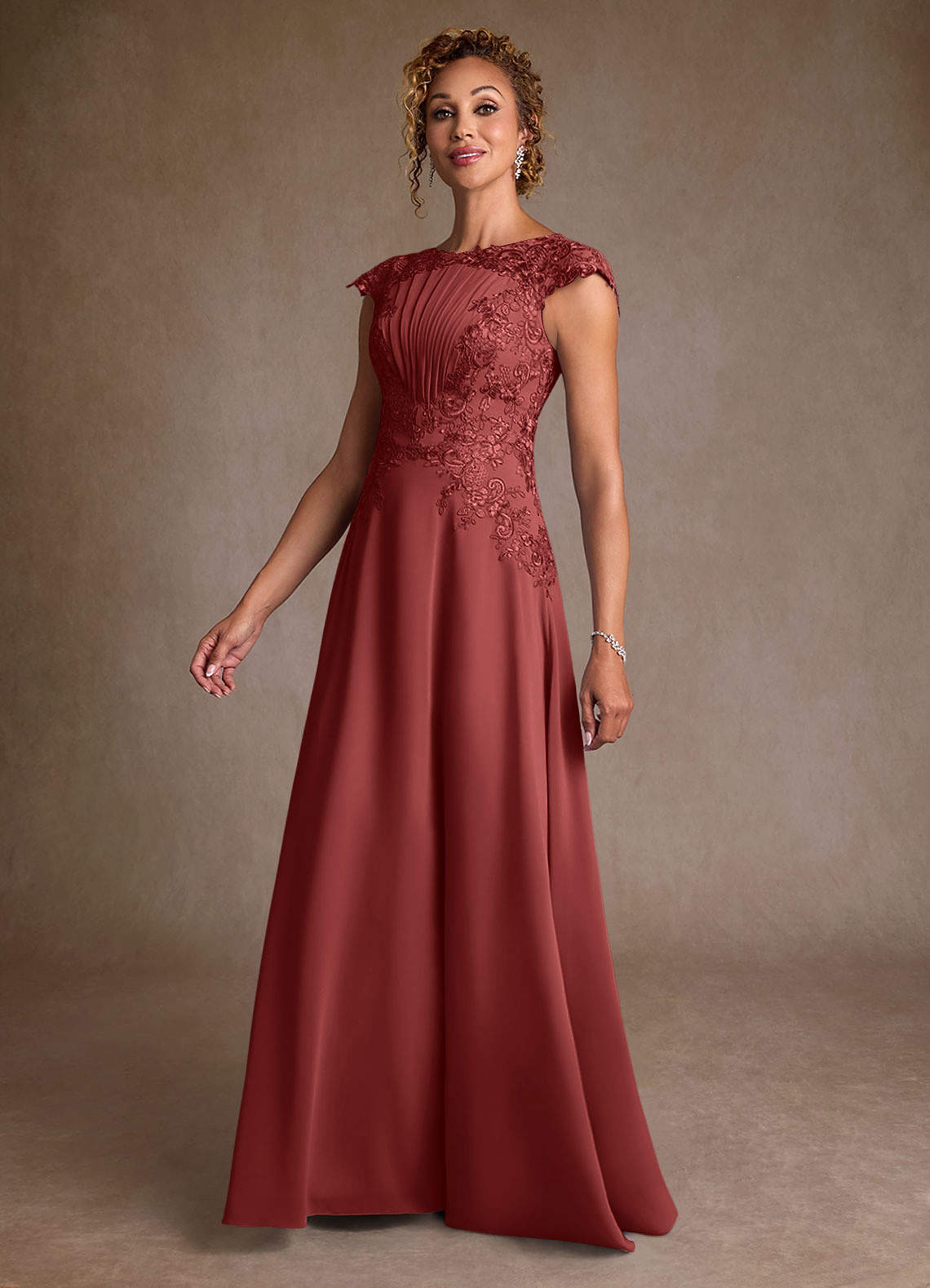 Christi A-Line Scoop-Neck Chiffon and Lace Mother of the Bride Dress in Terracotta