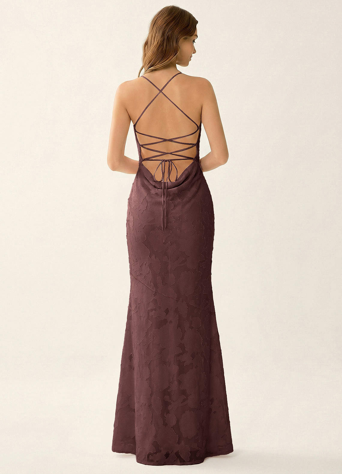 Natasha Mermaid Spaghetti-Strap Floral Burnout Evening Dress in Mocha Coco
