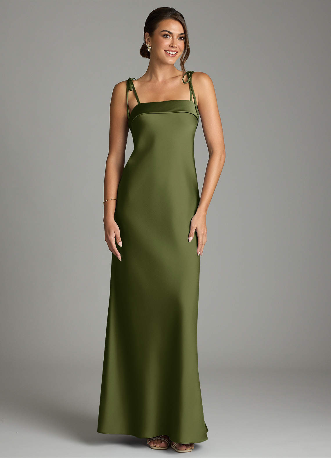 Ellia Sheath Straight-Neck Stretch Satin Bridesmaid Dress in Olive