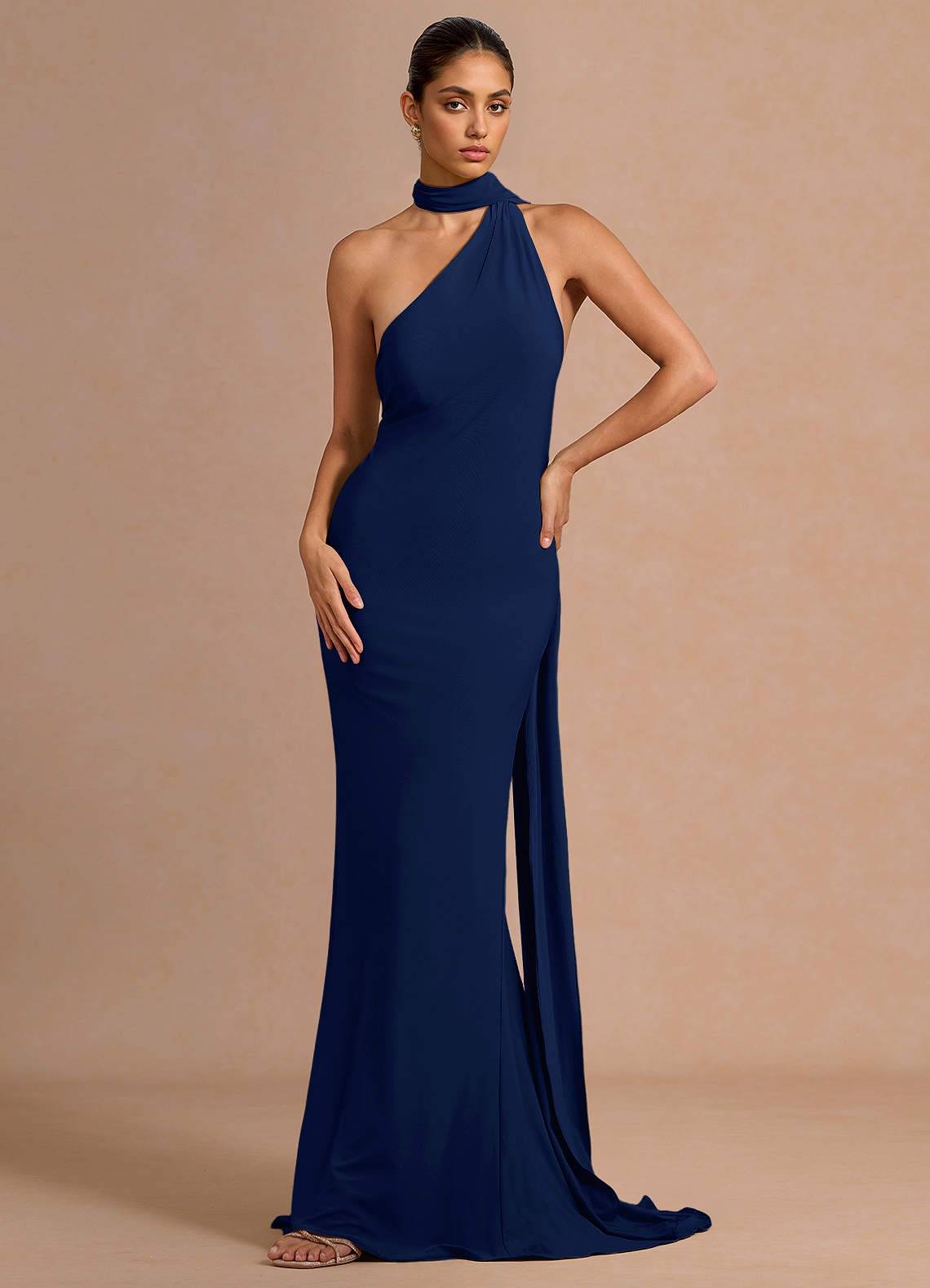 Miliani Sheath Neck-Tie Stretch Knit Evening Dress in Navy