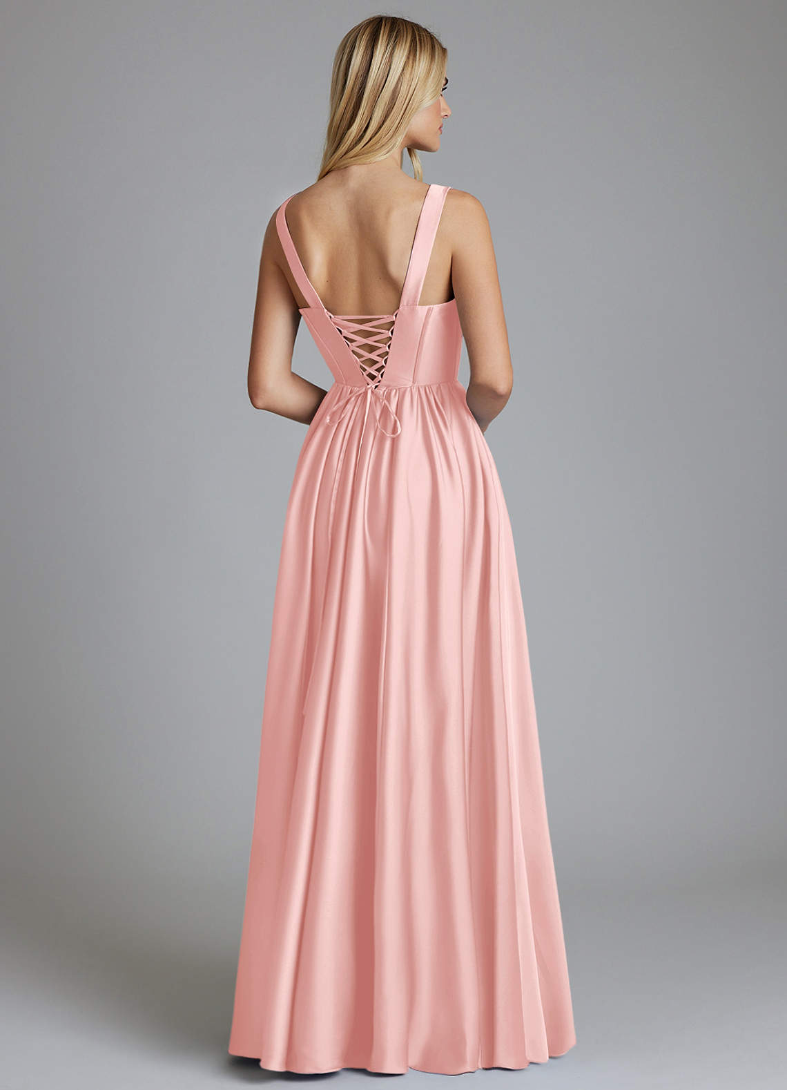 Delmie A-Line V-Neck Stretch Satin Bridesmaid Dress in Powder Pink