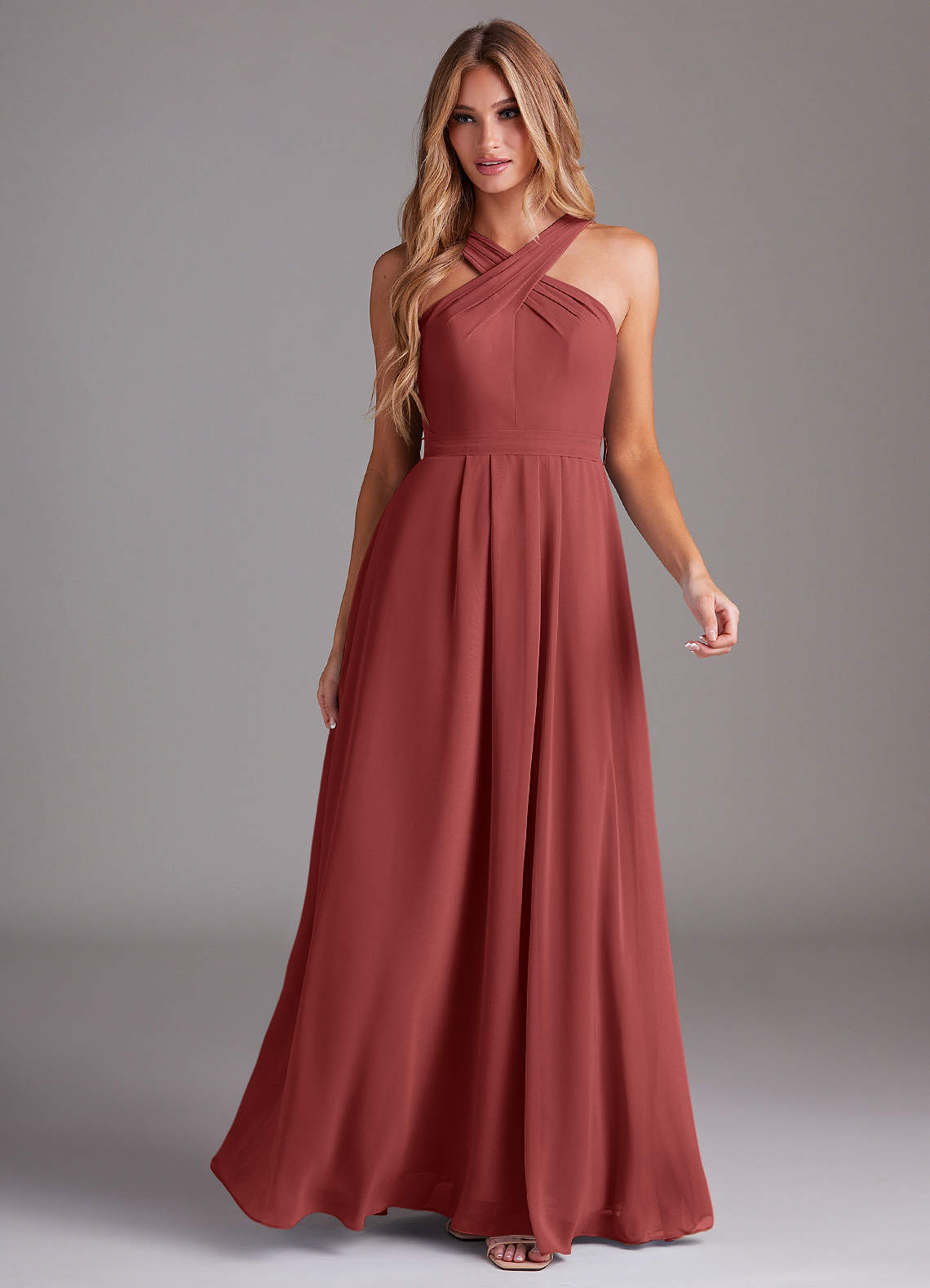 Dixie A-Line Halter Chiffon Bridesmaid Dress in Terracotta
