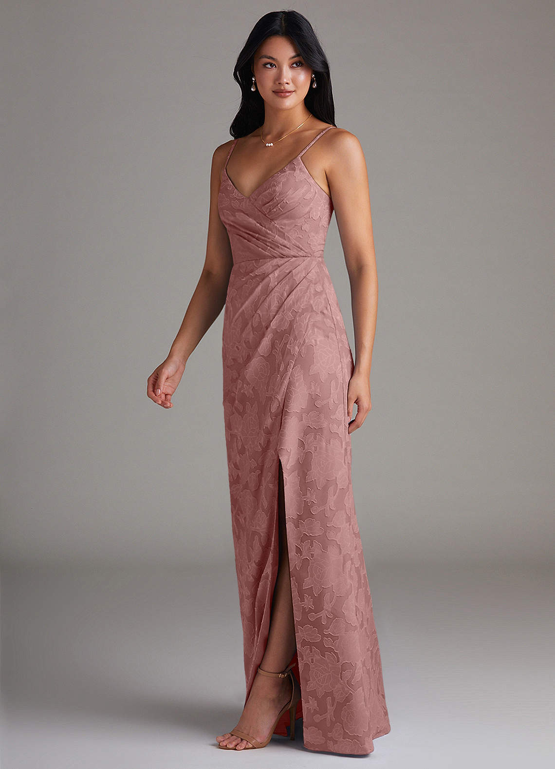 Maci Sheath V-Neck Floral Burnout Bridesmaid Dress in dusty rose