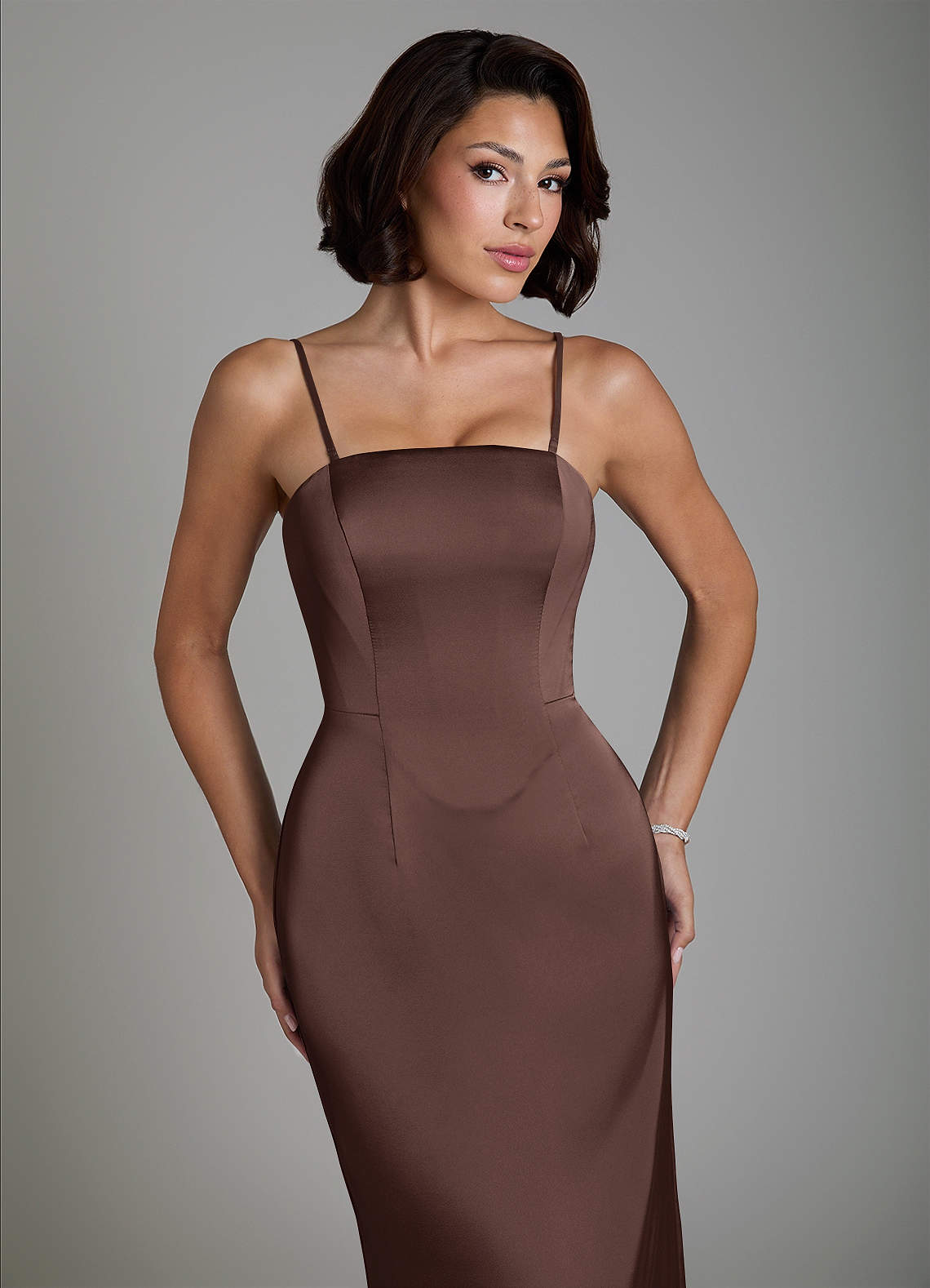 Fallyn Sheath Strapless Stretch Satin Bridesmaid Dress in Ganache